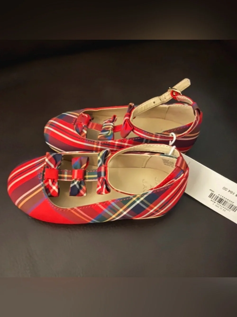 Janie and Jack Red Multicolor Plaid Bow Mary Jane Shoes